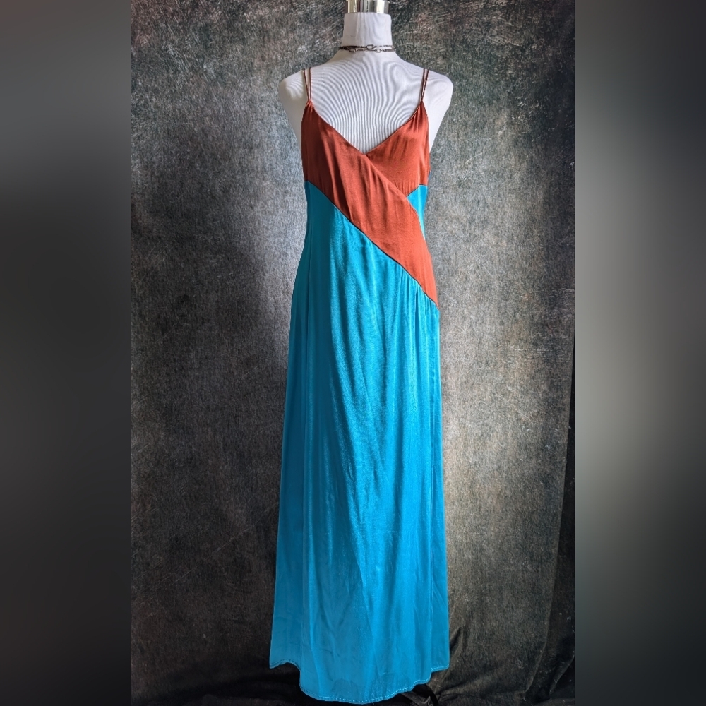 Mediterranean Colorblock Slip Dress Turquoise Copper Maxi S